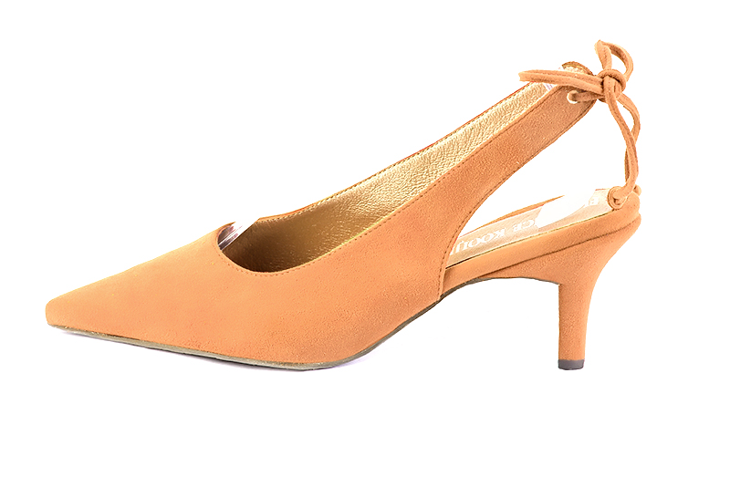 Marigold orange women's slingback shoes. Pointed toe. Medium slim heel. Profile view - Florence KOOIJMAN
